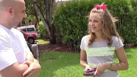 Platinum-blonde teenager with puny tits talking to a hairless fellow